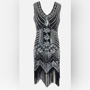 Spirit Women’s Black Silver‎ Sequins V Neck Sleeveless Party Dress Sz L